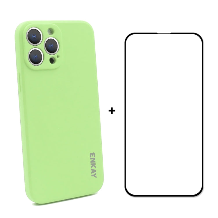 For iPhone 13 Pro Hat-Prince ENKAY Liquid Silicone Shockproof Protective Case Drop Protection Cover + Full Coverage Tempered Glass Protector Film (Light Green) - HoMEdemic™ 