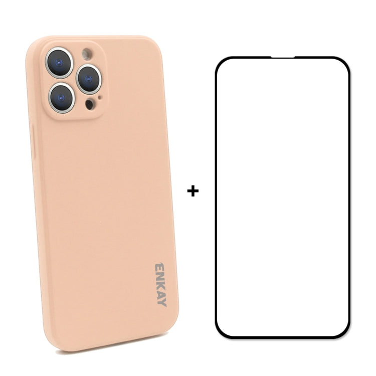For iPhone 13 Pro Hat-Prince ENKAY Liquid Silicone Shockproof Protective Case Drop Protection Cover + Full Coverage Tempered Glass Protector Film (Pink) - HoMEdemic™ 