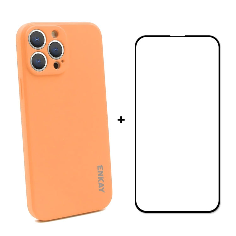 For iPhone 13 Pro Hat-Prince ENKAY Liquid Silicone Shockproof Protective Case Drop Protection Cover + Full Coverage Tempered Glass Protector Film (Orange) - HoMEdemic™ 