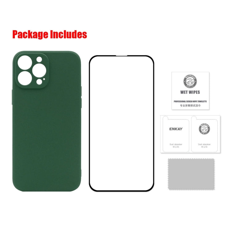 For iPhone 13 Pro Hat-Prince ENKAY Liquid Silicone Shockproof Protective Case Drop Protection Cover + Full Coverage Tempered Glass Protector Film (Light Green) - HoMEdemic™ 