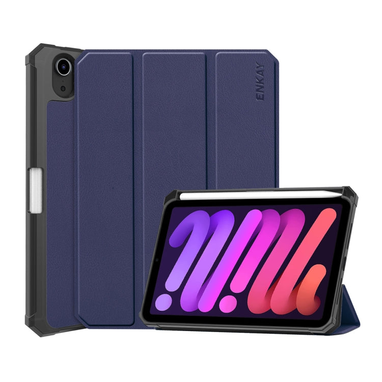 For iPad mini 2024 / mini 6 ENKAY Custer Texture Horizontal Flip PU+TPU Leather Tablet Case with Three-folding Holder & Sleep / Wake-up Function & Pen Holder(Dark Blue) - HoMEdemic™ 