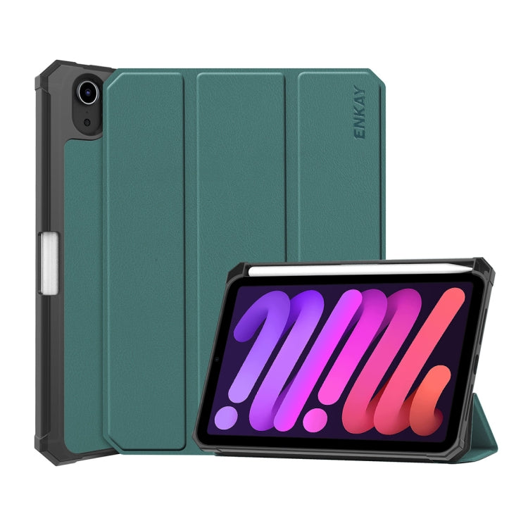 For iPad mini 2024 / mini 6 ENKAY Custer Texture Horizontal Flip PU+TPU Leather Tablet Case with Three-folding Holder & Sleep / Wake-up Function & Pen Holder(Dark Green) - HoMEdemic™ 