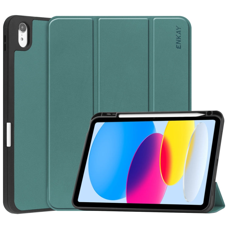 For iPad 2025 / 2022 ENKAY TPU Back Cover Smart Leather Stand Tablet Case with Pen Slot(Dark Green) - HoMEdemic™ 