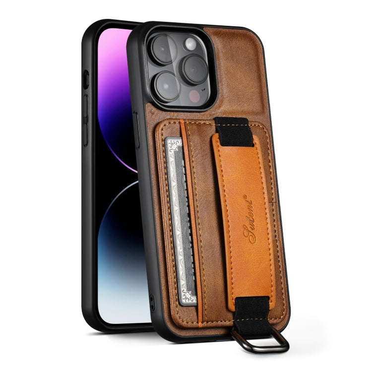 For iPhone 14 Suteni H13 Card Wallet Wrist Strap Holder PU Phone Case(Brown) - HoMEdemic™ 
