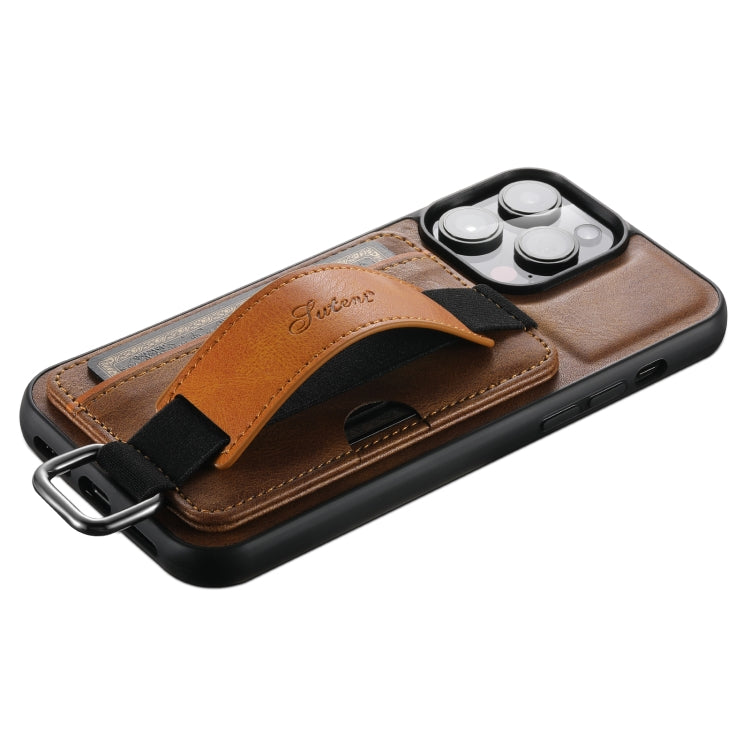 For iPhone 14 Suteni H13 Card Wallet Wrist Strap Holder PU Phone Case(Brown) - HoMEdemic™ 