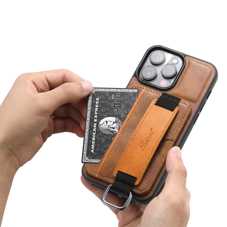 For iPhone 14 Suteni H13 Card Wallet Wrist Strap Holder PU Phone Case(Brown) - HoMEdemic™ 