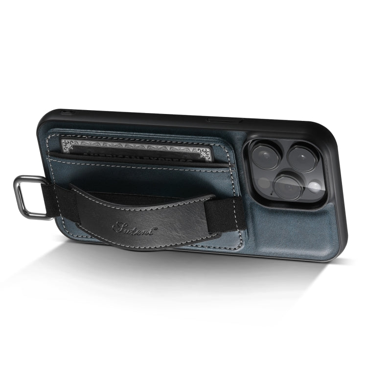 For iPhone 14 Suteni H13 Card Wallet Wrist Strap Holder PU Phone Case(Blue) - HoMEdemic™ 