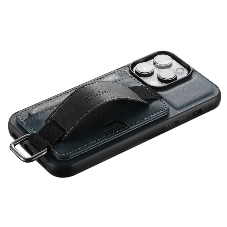 For iPhone 14 Suteni H13 Card Wallet Wrist Strap Holder PU Phone Case(Blue) - HoMEdemic™ 