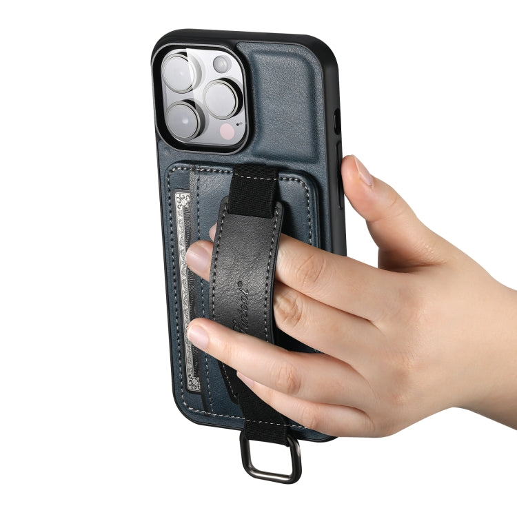 For iPhone 14 Suteni H13 Card Wallet Wrist Strap Holder PU Phone Case(Blue) - HoMEdemic™ 