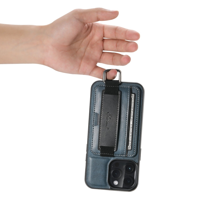 For iPhone 14 Suteni H13 Card Wallet Wrist Strap Holder PU Phone Case(Blue) - HoMEdemic™ 