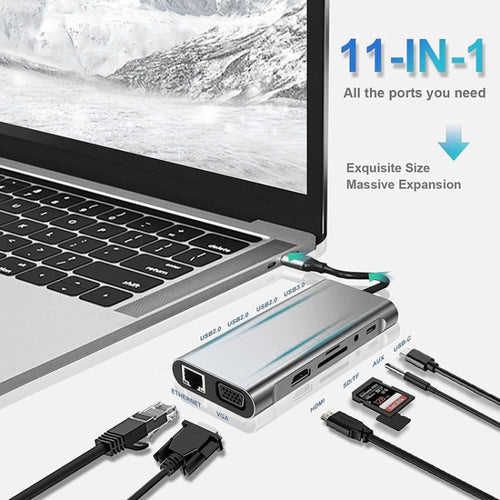 USB C HUB, USB C Adapter 11 in 1 Dongle with 4K HDMI, VGA, Type C PD, USB3.0, RJ45 Ethernet, SD/TF Card Reader, 3.5mm AUX, Docking Station Compatible with MacBook Pro/Air, Other Type C Laptops Devices - HoMEdemic™ 