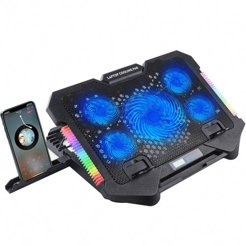 S500 Adjustable Height 5 Quiet Fans RGB Gaming Laptop Cooling Pad with Phone Holder - HoMEdemic™ 