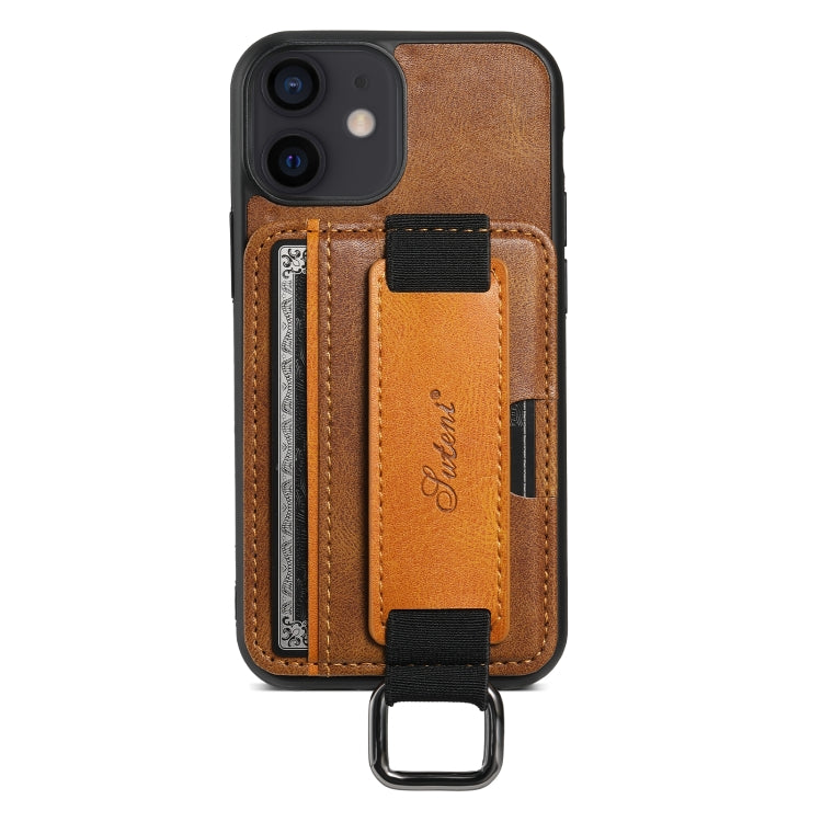 For iPhone 12 mini Suteni H13 Card Wallet Wrist Strap Holder PU Phone Case(Brown) - HoMEdemic™ 