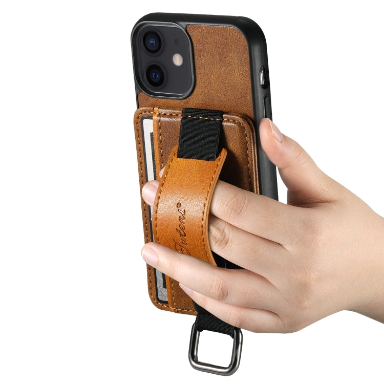 For iPhone 12 mini Suteni H13 Card Wallet Wrist Strap Holder PU Phone Case(Brown) - HoMEdemic™ 