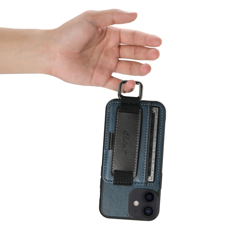 For iPhone 12 mini Suteni H13 Card Wallet Wrist Strap Holder PU Phone Case(Blue) - HoMEdemic™ 