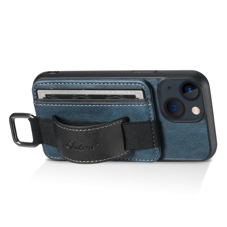 For iPhone 13 mini Suteni H13 Card Wallet Wrist Strap Holder PU Phone Case(Blue) - HoMEdemic™ 