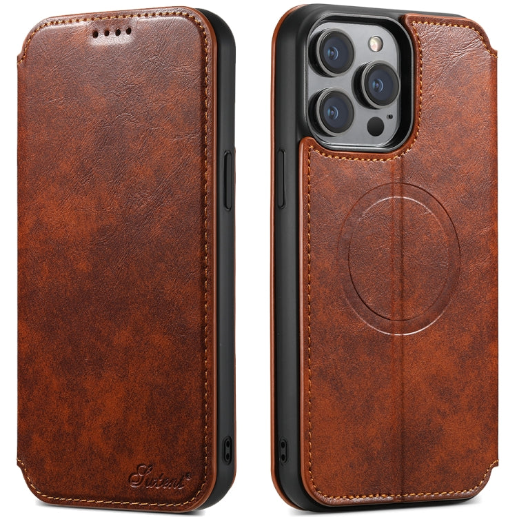 For iPhone 12 Pro Max Suteni J05 Leather Magnetic Magsafe Phone Case(Khaki) - HoMEdemic™ 