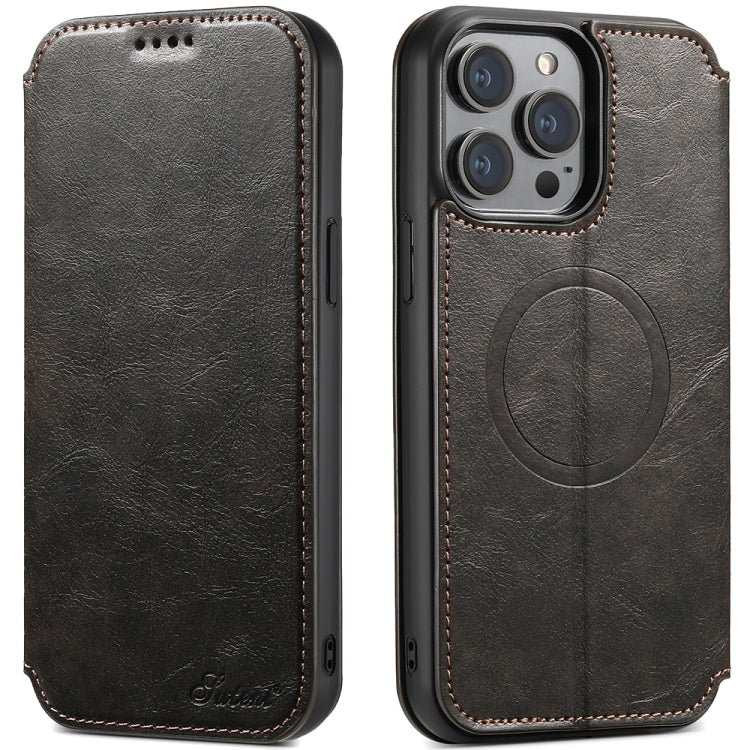 For iPhone 14 Suteni J05 Leather Magnetic Magsafe Phone Case(Black) - HoMEdemic™ 