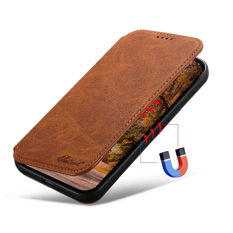For iPhone 14 Suteni J06 Retro Matte Litchi Texture Leather Magnetic Magsafe Phone Case(Khaki) - HoMEdemic™ 