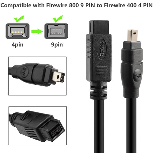 JUNSUNMAY FireWire High Speed Premium DV 800 9 Pin Male To FireWire 400 4 Pin Male IEEE 1394 Cable, Length:3m - HoMEdemic™ 