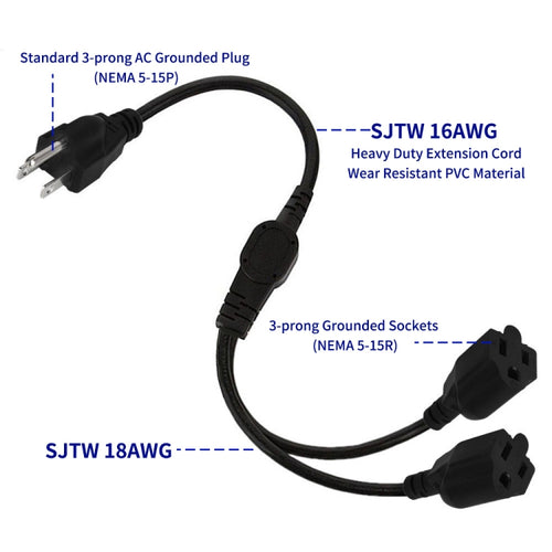 JUNSUNMAY US 1.6FT NEMA 5-15P 1 to 2 Way Outlet NEMA 5-15R SJT 16AWG 3 Prong Power Cable Wire Extender - HoMEdemic™ 