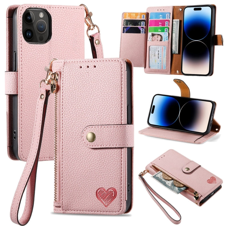 For iPhone 15 Pro Love Zipper Lanyard Leather Phone Case(Pink) - HoMEdemic™ 