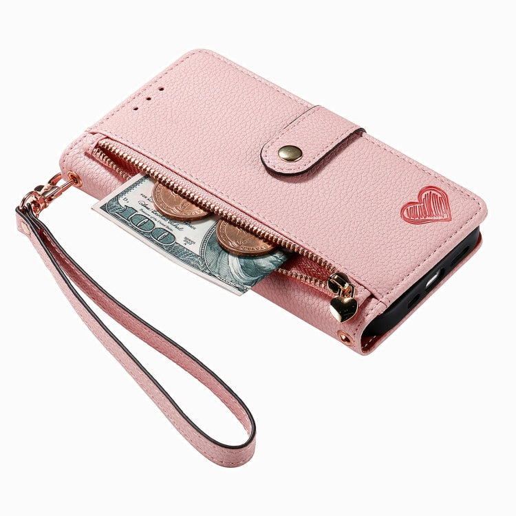 For iPhone 15 Pro Love Zipper Lanyard Leather Phone Case(Pink) - HoMEdemic™ 