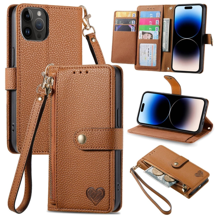 For iPhone 15 Pro Love Zipper Lanyard Leather Phone Case(Brown) - HoMEdemic™ 