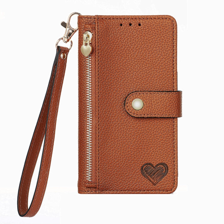 For iPhone 15 Pro Love Zipper Lanyard Leather Phone Case(Brown) - HoMEdemic™ 