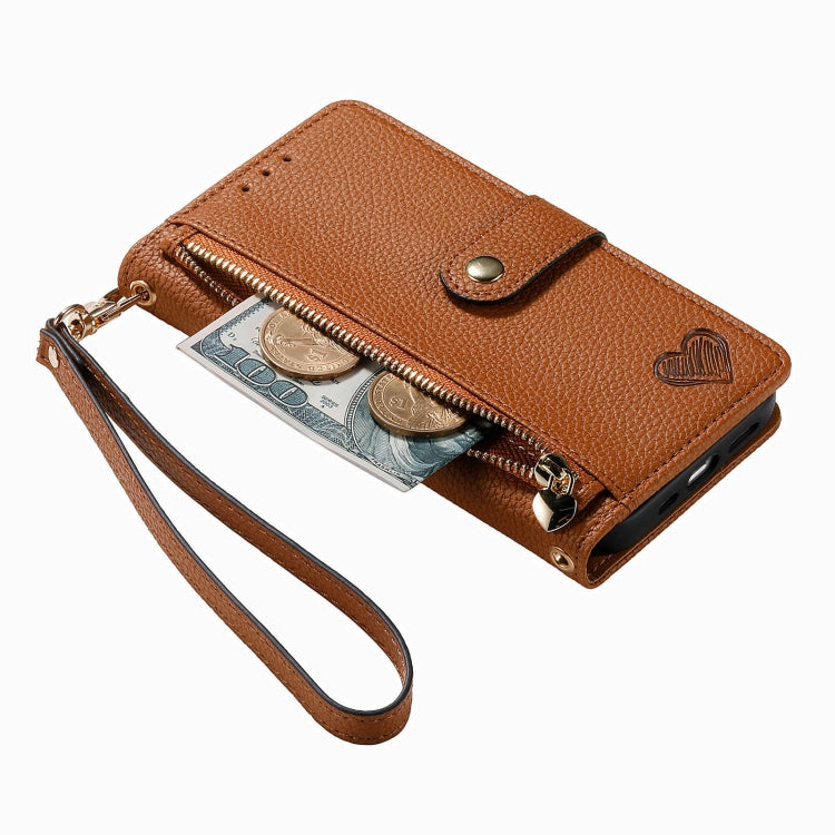 For iPhone 15 Pro Love Zipper Lanyard Leather Phone Case(Brown) - HoMEdemic™ 