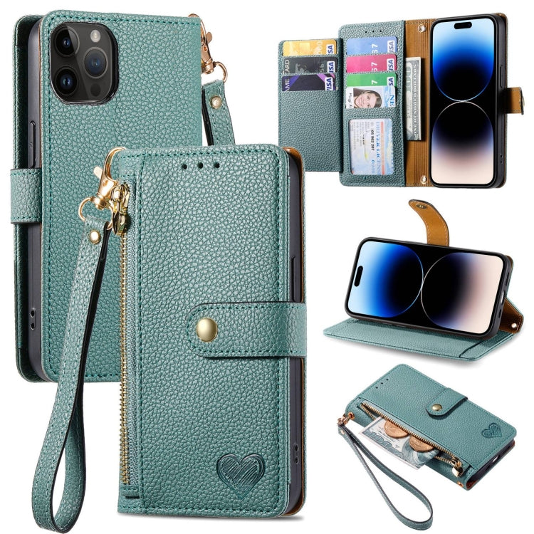 For iPhone 15 Pro Love Zipper Lanyard Leather Phone Case(Green) - HoMEdemic™ 