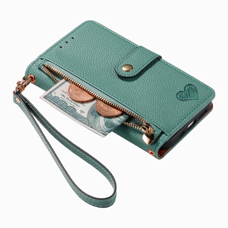For iPhone 15 Pro Love Zipper Lanyard Leather Phone Case(Green) - HoMEdemic™ 