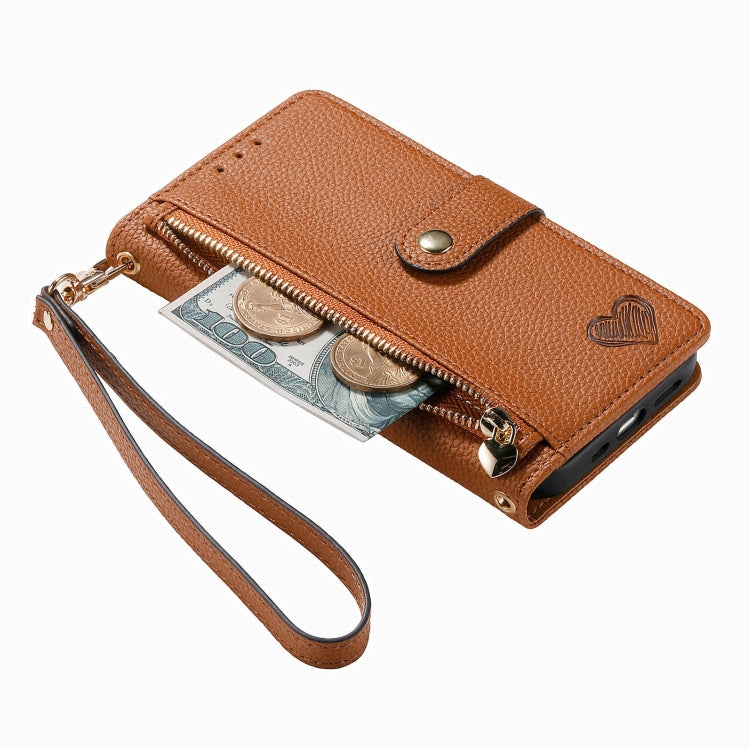 For iPhone 15 Pro Max Love Zipper Lanyard Leather Phone Case(Brown) - HoMEdemic™ 