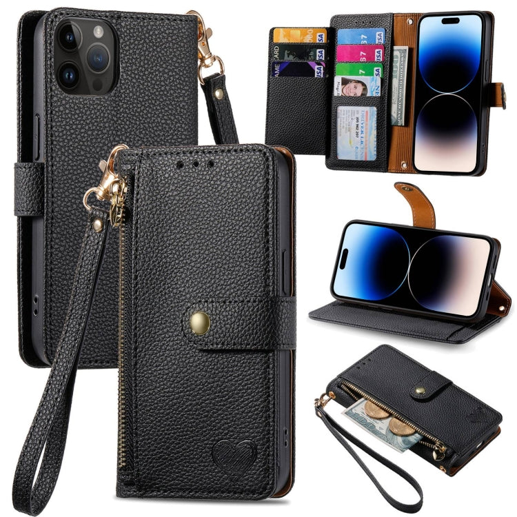 For iPhone 15 Pro Max Love Zipper Lanyard Leather Phone Case(Black) - HoMEdemic™ 
