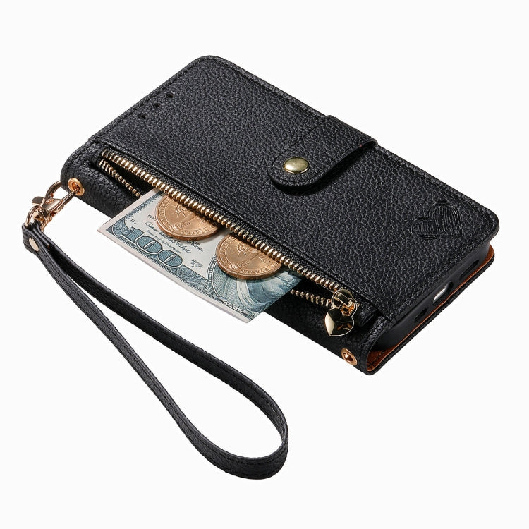 For iPhone 15 Pro Max Love Zipper Lanyard Leather Phone Case(Black) - HoMEdemic™ 