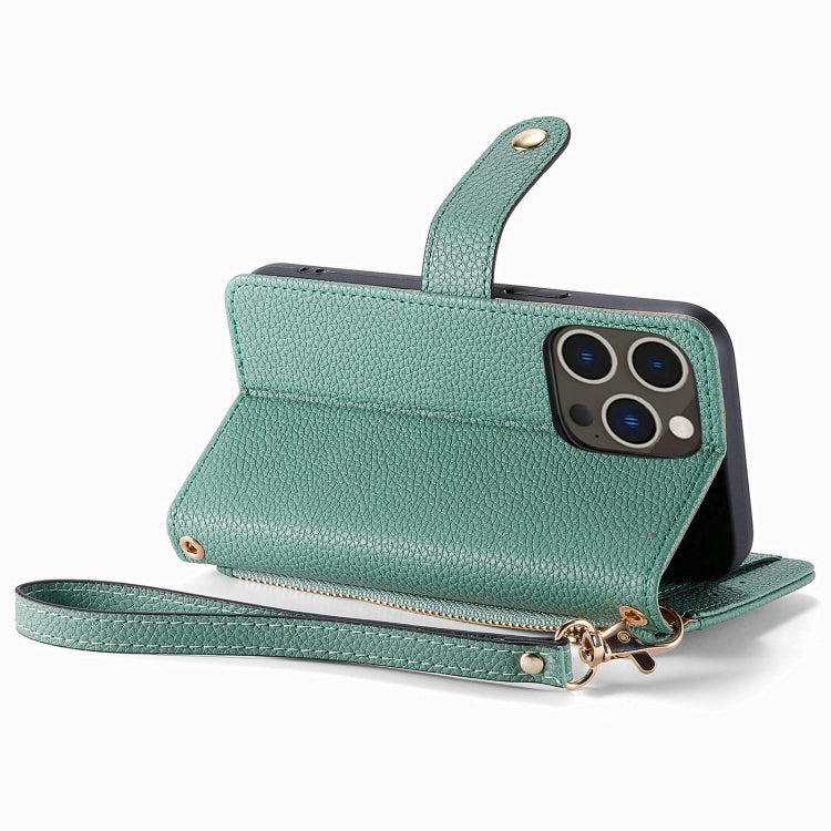For iPhone 15 Pro Max Love Zipper Lanyard Leather Phone Case(Green) - HoMEdemic™ 
