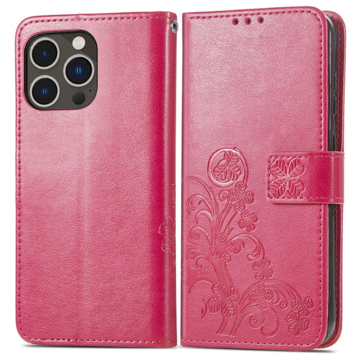 For iPhone 15 Pro Max Four-leaf Clasp Embossed Buckle Leather Phone Case(Magengta) - HoMEdemic™ 