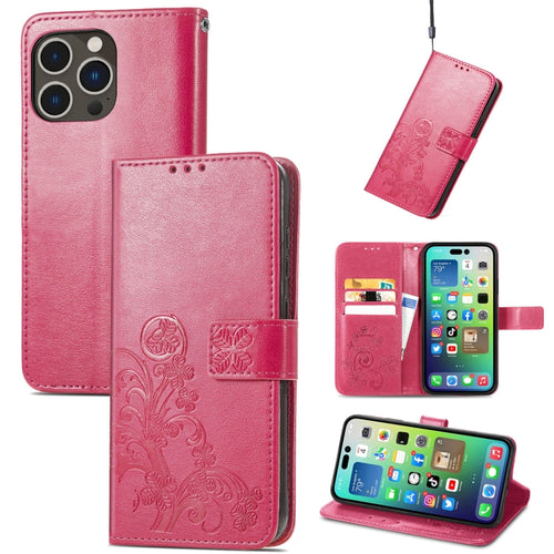 For iPhone 15 Pro Max Four-leaf Clasp Embossed Buckle Leather Phone Case(Magengta) - HoMEdemic™ 