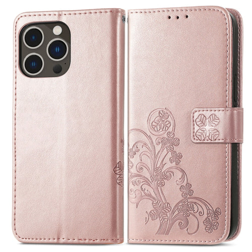 For iPhone 15 Pro Max Four-leaf Clasp Embossed Buckle Leather Phone Case(Rose Gold) - HoMEdemic™ 