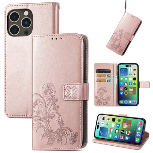 For iPhone 15 Pro Max Four-leaf Clasp Embossed Buckle Leather Phone Case(Rose Gold) - HoMEdemic™ 