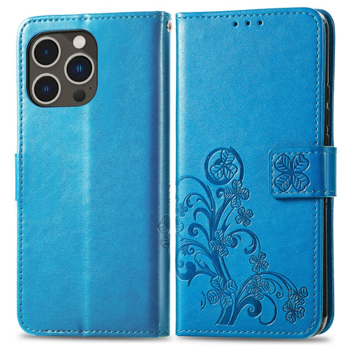 For iPhone 15 Pro Max Four-leaf Clasp Embossed Buckle Leather Phone Case(Blue) - HoMEdemic™ 