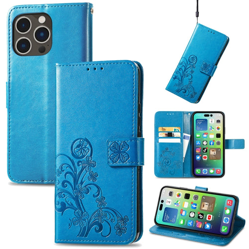 For iPhone 15 Pro Max Four-leaf Clasp Embossed Buckle Leather Phone Case(Blue) - HoMEdemic™ 