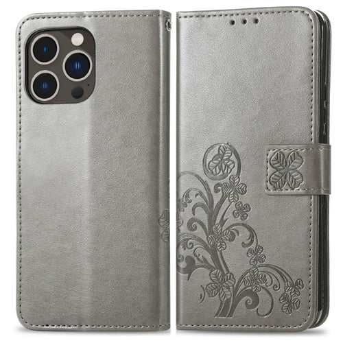 For iPhone 15 Pro Max Four-leaf Clasp Embossed Buckle Leather Phone Case(Gray) - HoMEdemic™ 