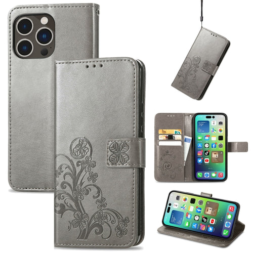 For iPhone 15 Pro Max Four-leaf Clasp Embossed Buckle Leather Phone Case(Gray) - HoMEdemic™ 