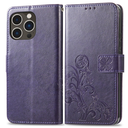 For iPhone 15 Pro Max Four-leaf Clasp Embossed Buckle Leather Phone Case(Purple) - HoMEdemic™ 