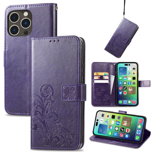 For iPhone 15 Pro Max Four-leaf Clasp Embossed Buckle Leather Phone Case(Purple) - HoMEdemic™ 