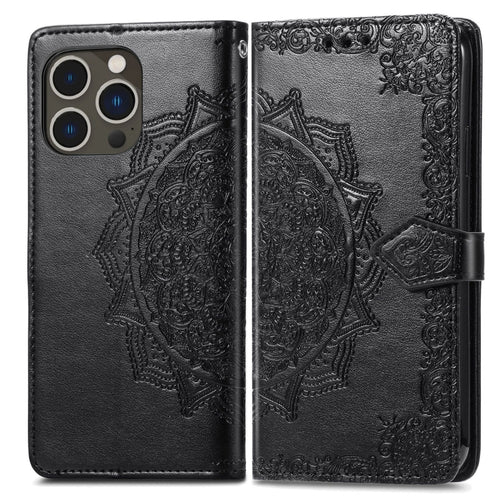 For  iPhone 15 Pro Max Mandala Flower Embossed Leather Phone Case(Black) - HoMEdemic™ 