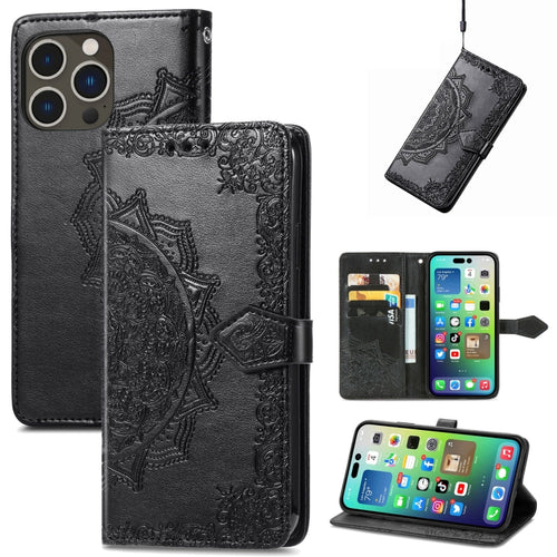 For  iPhone 15 Pro Max Mandala Flower Embossed Leather Phone Case(Black) - HoMEdemic™ 