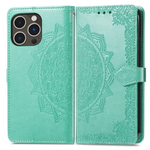 For  iPhone 15 Pro Max Mandala Flower Embossed Leather Phone Case(Green) - HoMEdemic™ 