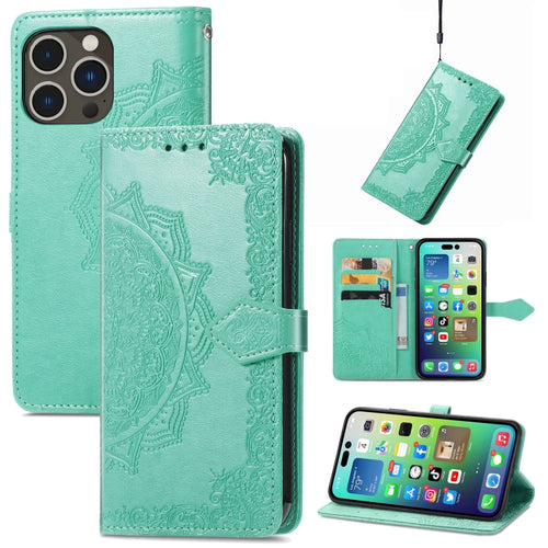 For  iPhone 15 Pro Max Mandala Flower Embossed Leather Phone Case(Green) - HoMEdemic™ 